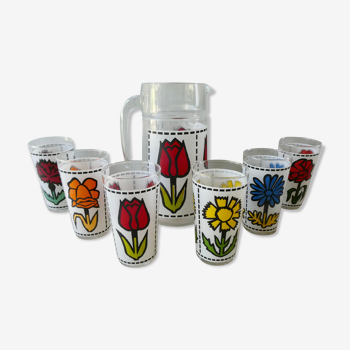 Orangeade service, 1 carafe and its 6 glasses, decoration flowers, France