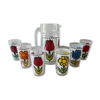 Orangeade service, 1 carafe and its 6 glasses, decoration flowers, France