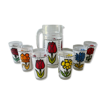 Orangeade service, 1 jug and its 6 glasses, flower decoration, France
