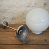 Art deco globe pendant light in white opaline and aluminum rod
