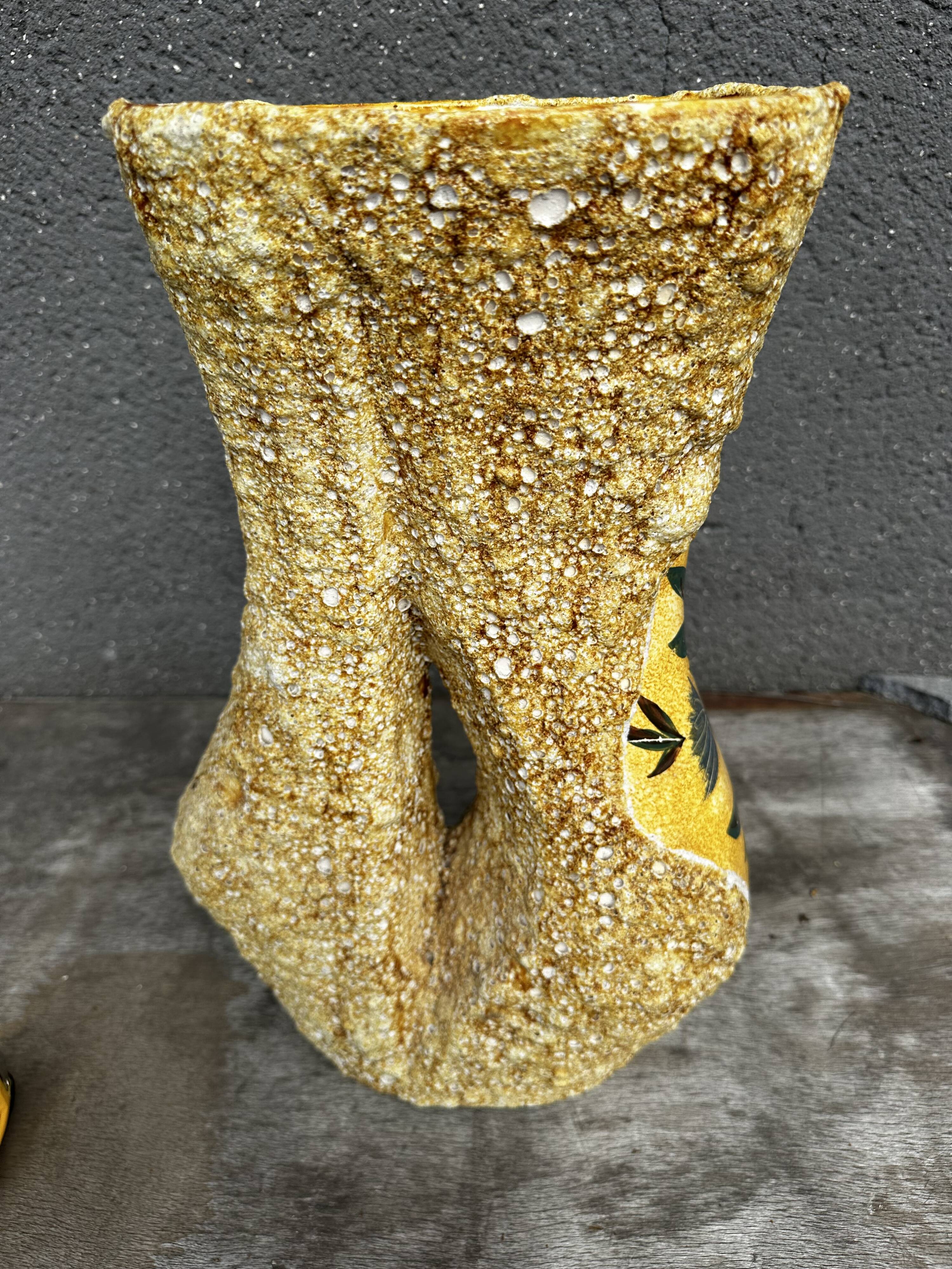 Large Glazed Ceramic Vase with Floral and Fat Lava Decor - Vallauris