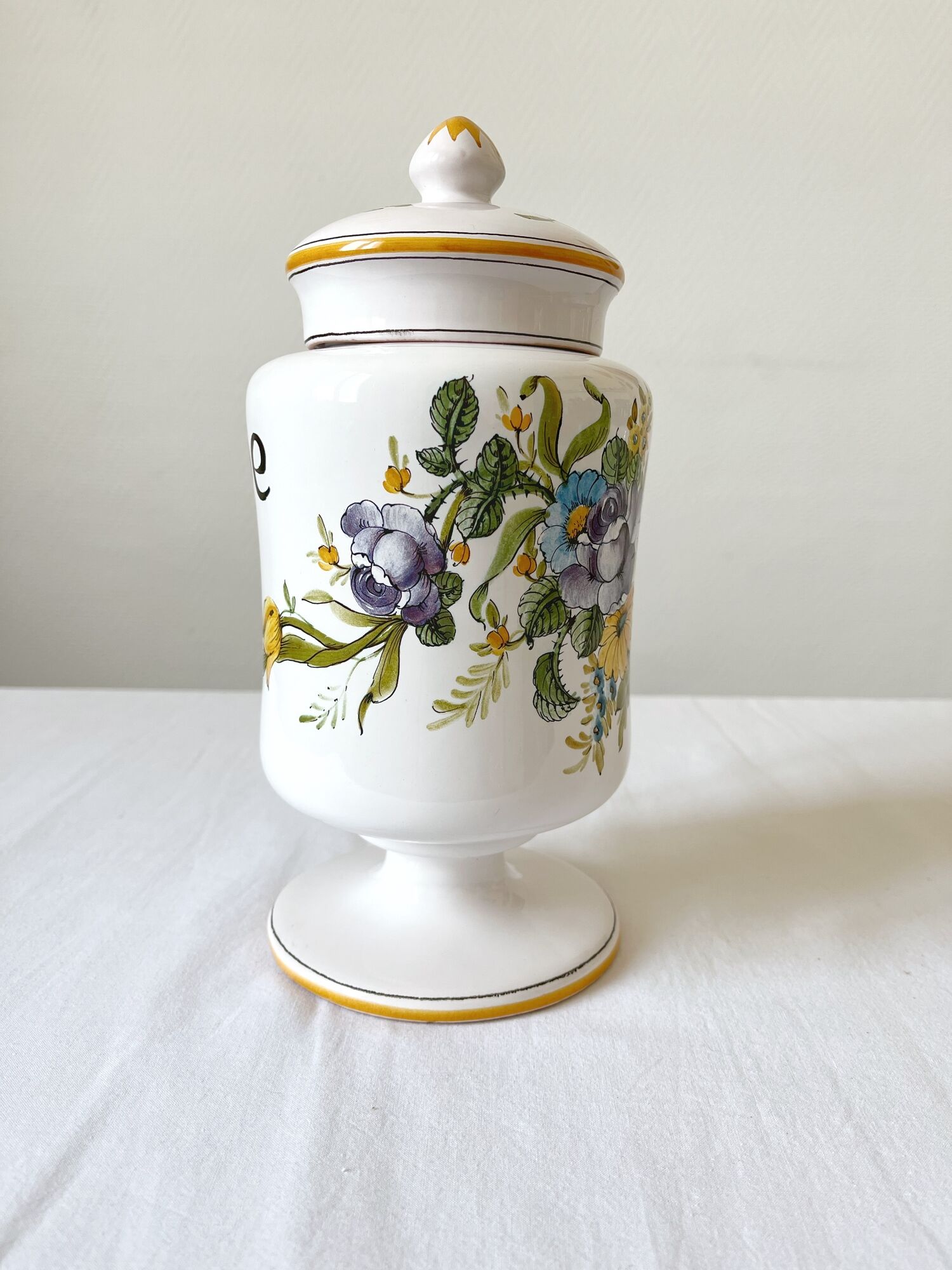 Apothecary pot Rhubarbe signed Lallier earthenware of art of Moustiers