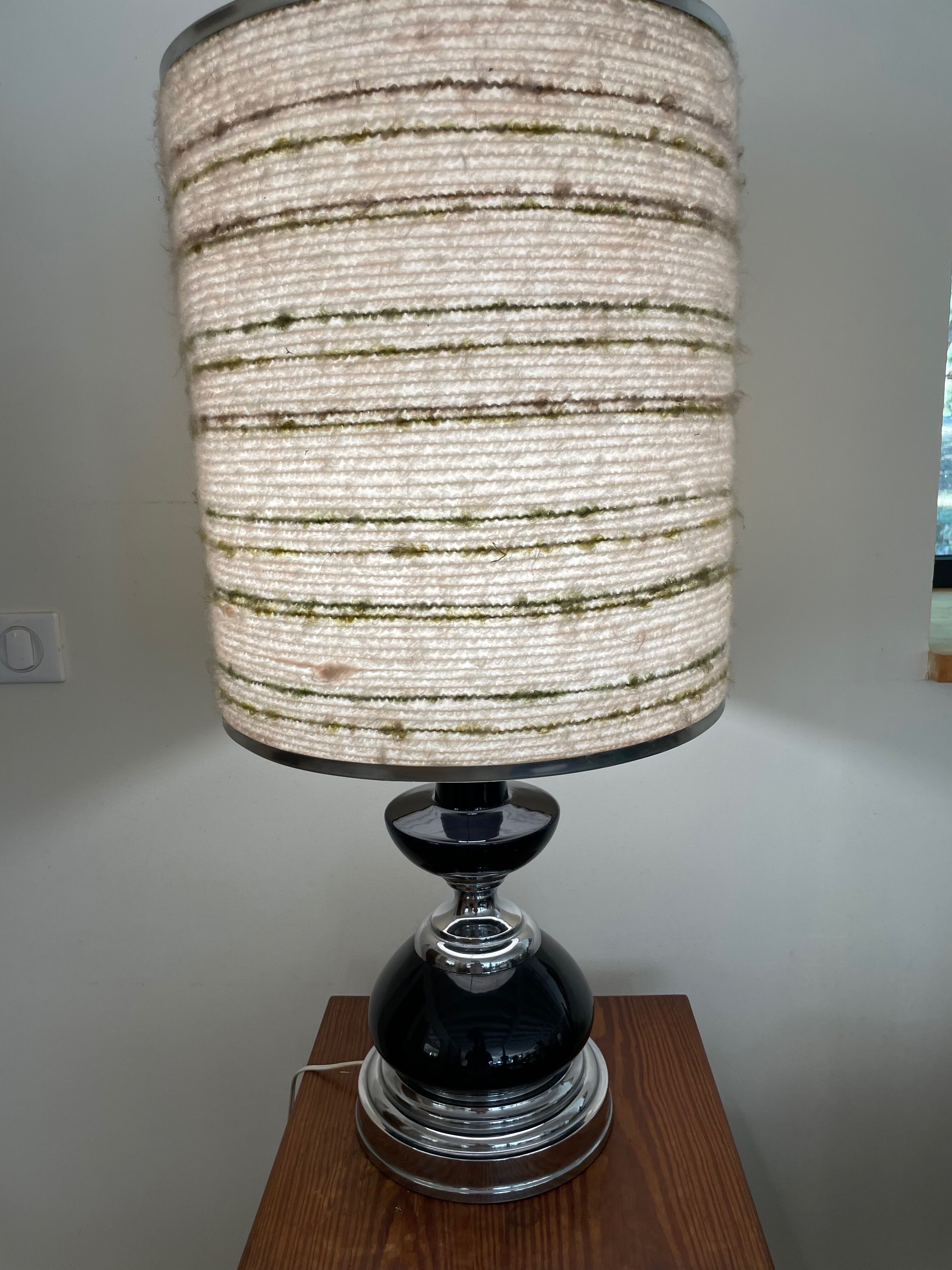 Black glass and metal lamp, vintage wool lampshade