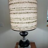 Black glass and metal lamp, vintage wool lampshade