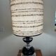 Black glass and metal lamp, vintage wool lampshade
