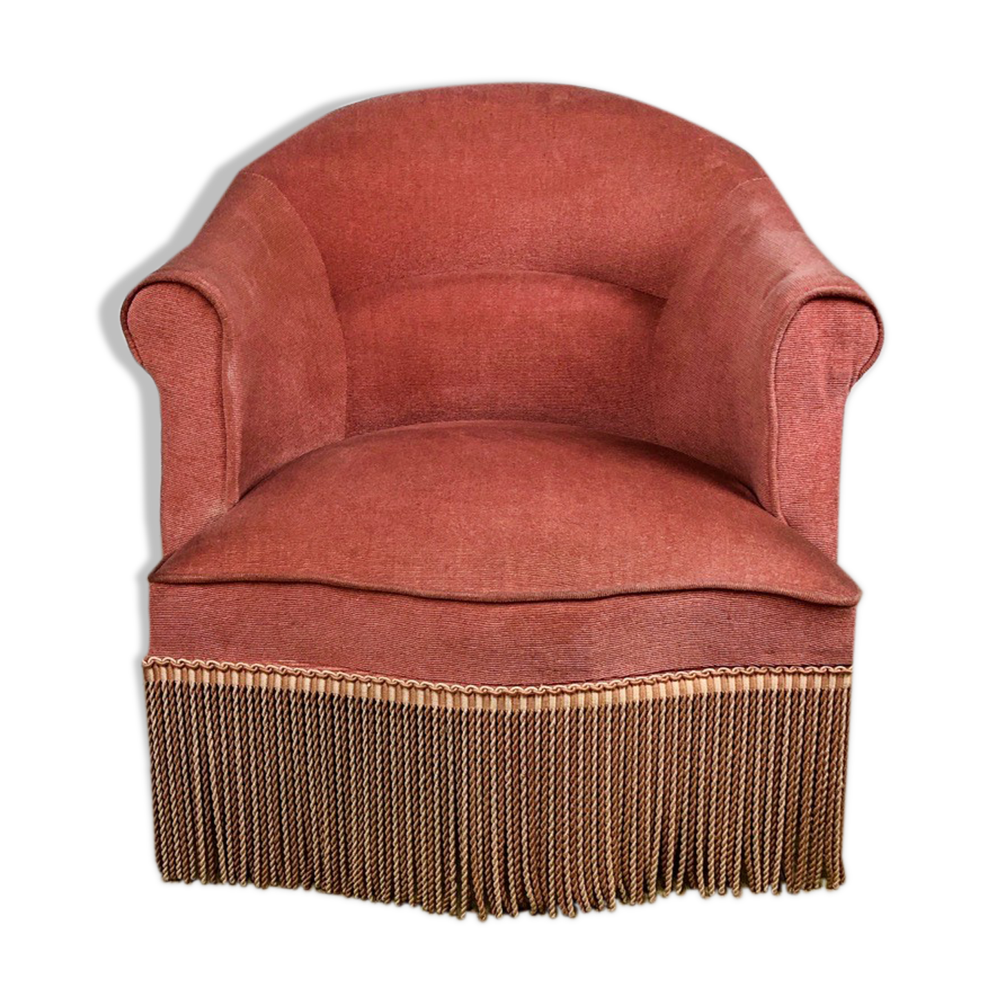 Fauteuil crapaud à franges en velour rose poudré