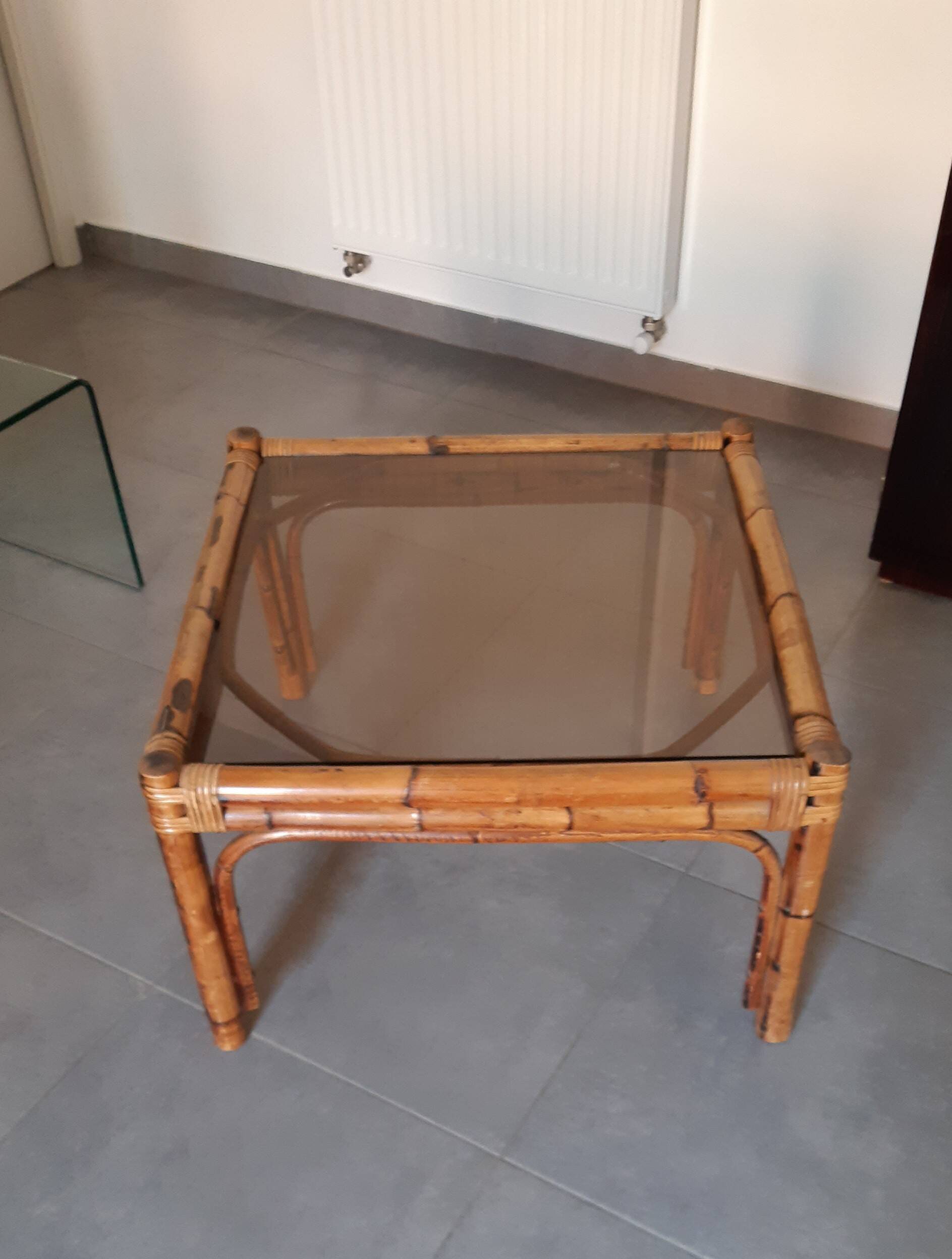 Vintage coffee table, rattan, bamboo and glass in the style of Vivai del Sud.