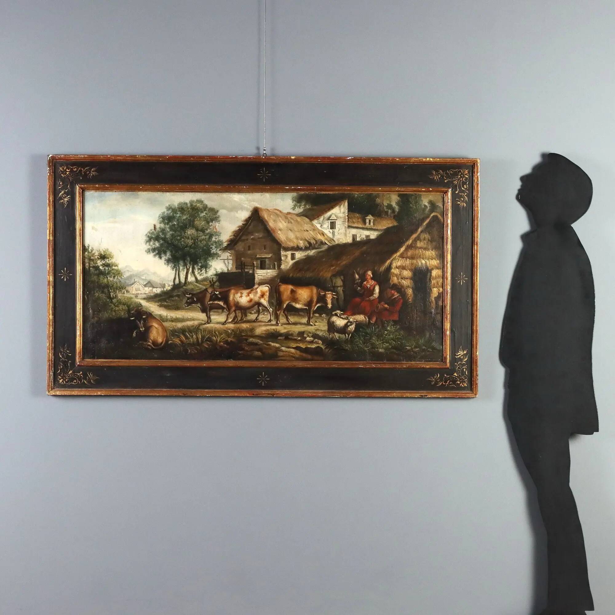 Ancient painting of a bucolic landscape, oil on canvas, Europe, 19th century.