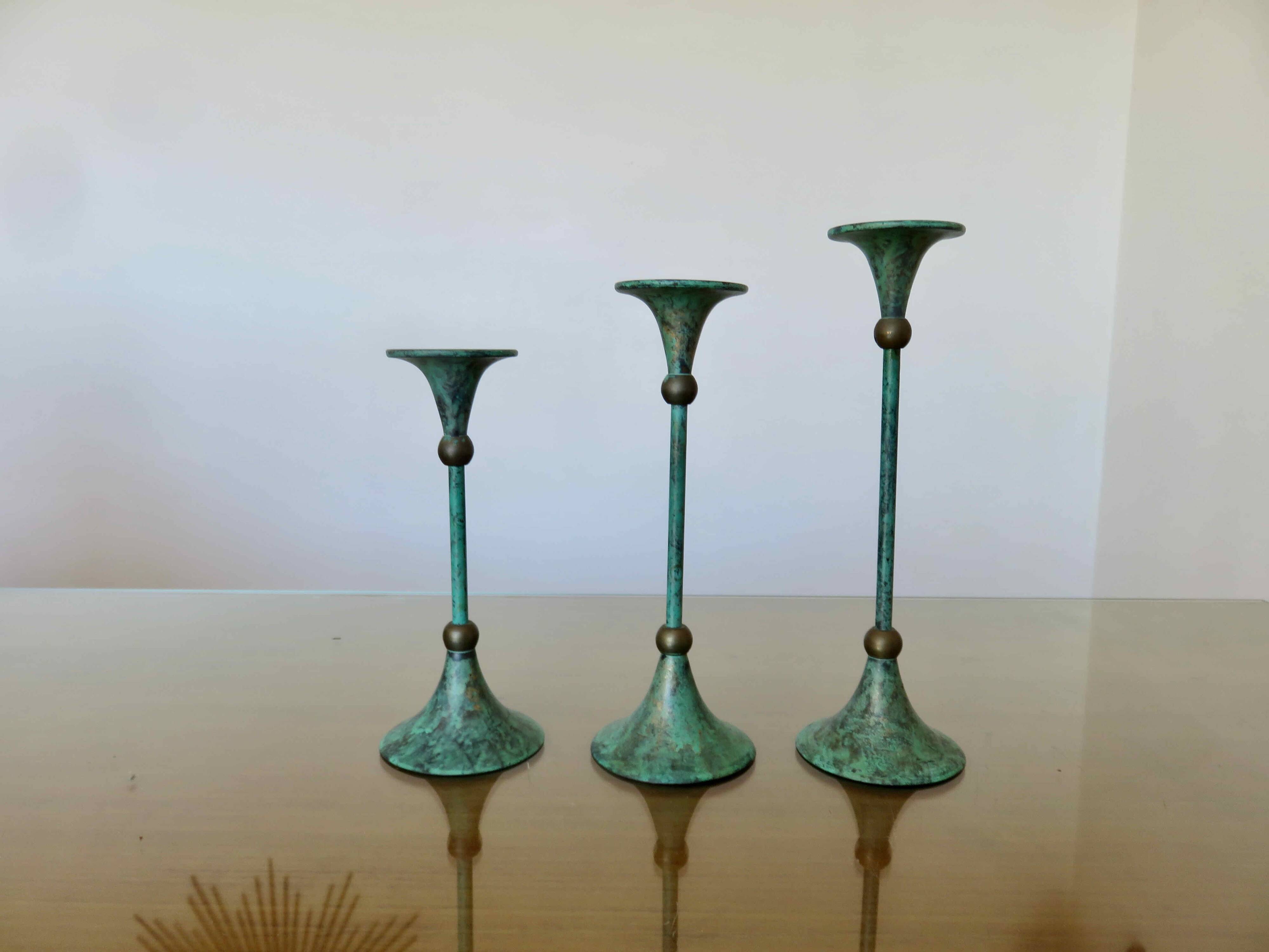 Series of 3 green tinted brass candlesticks from the 70s