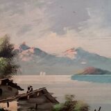 Painting landscape mountain lake Alps signed Pini 1950s
