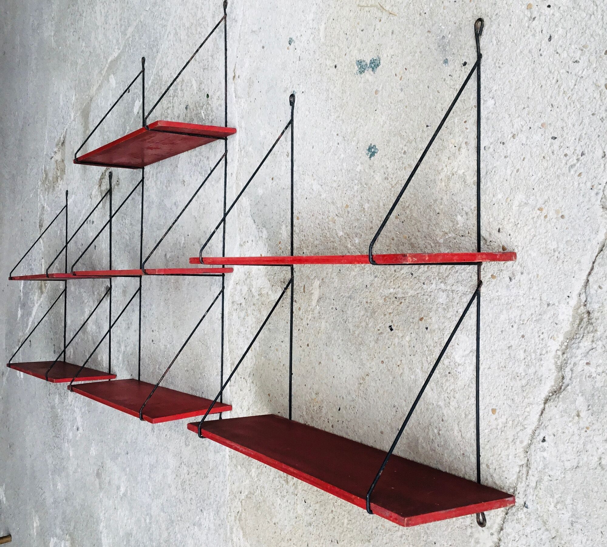 Set of 3 wall shelves thong with metal studs in pins - design 1950