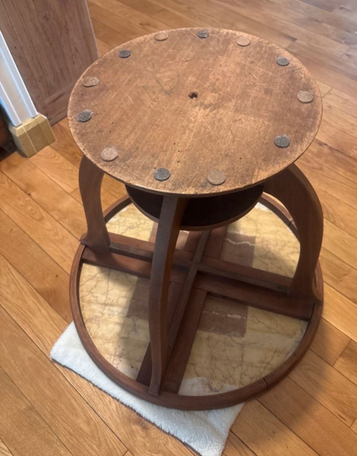 Guéridon, table d’appoint Art déco en marqueterie de marbre et bois