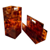 Michel Dumas (attributed) magazine rack and umbrella stand in tortoiseshell plexiglass.