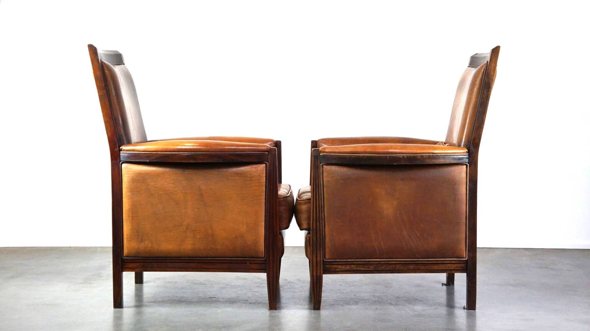 Vintage Art Deco Sheepskin High Back Armchair Set with Wood Finish