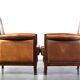Vintage Art Deco Sheepskin High Back Armchair Set with Wood Finish