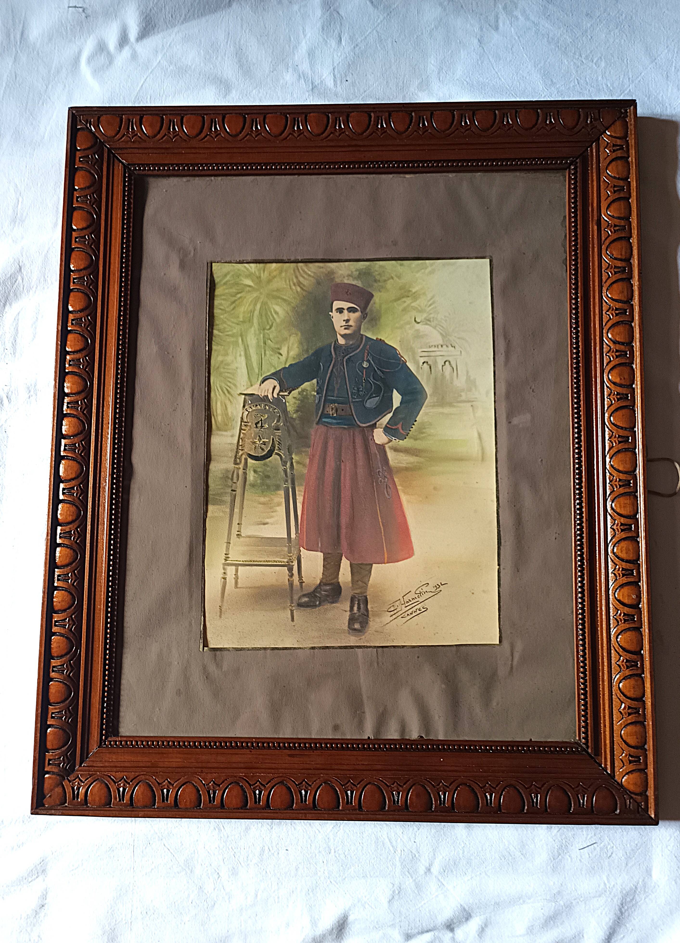 Framed Militaria 1932 large portrait of a Tunisian sharpshooter signed 66 cm X 55 cm