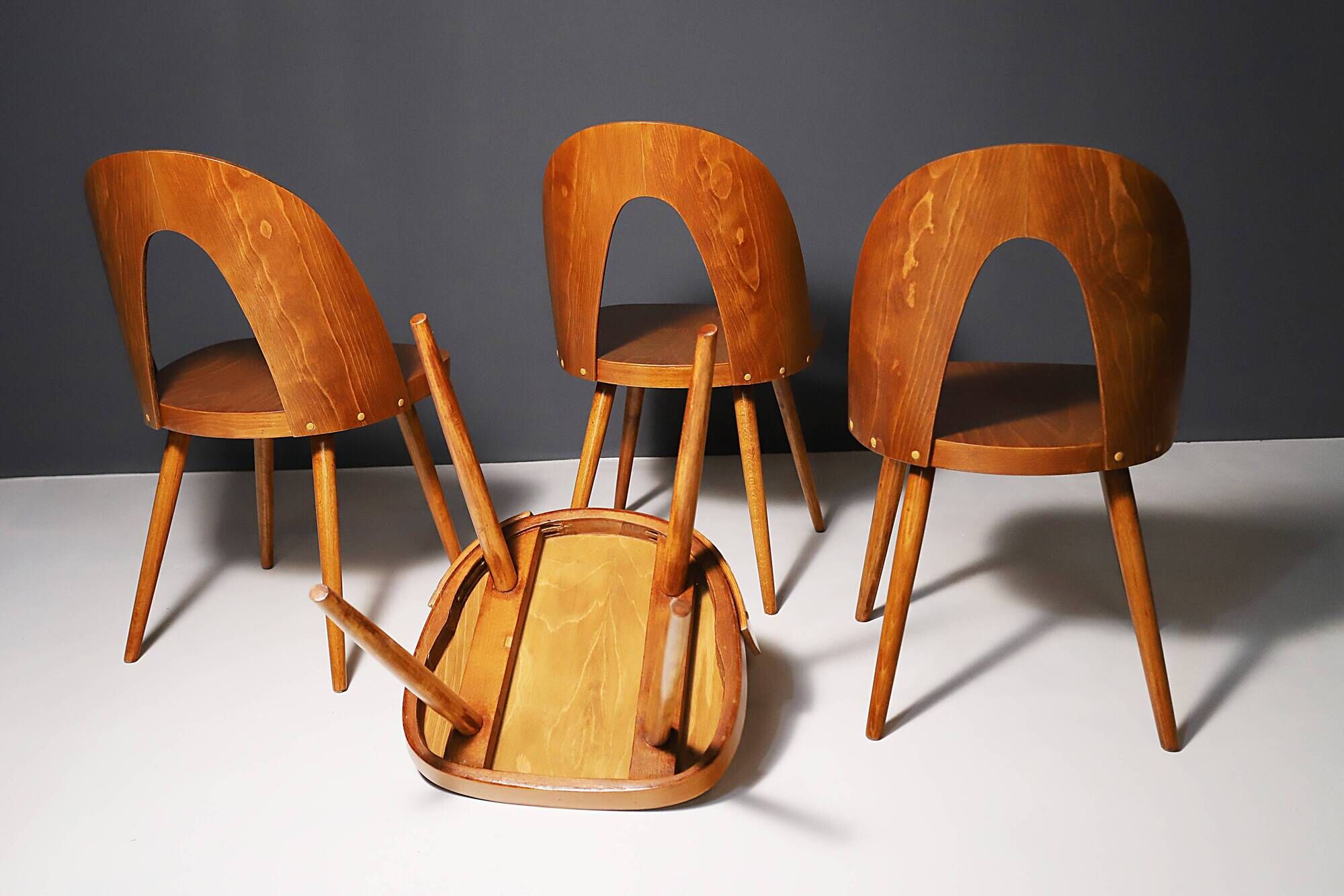 Fully renovated beech wood dining chairs, Czechoslovakia, set of 4