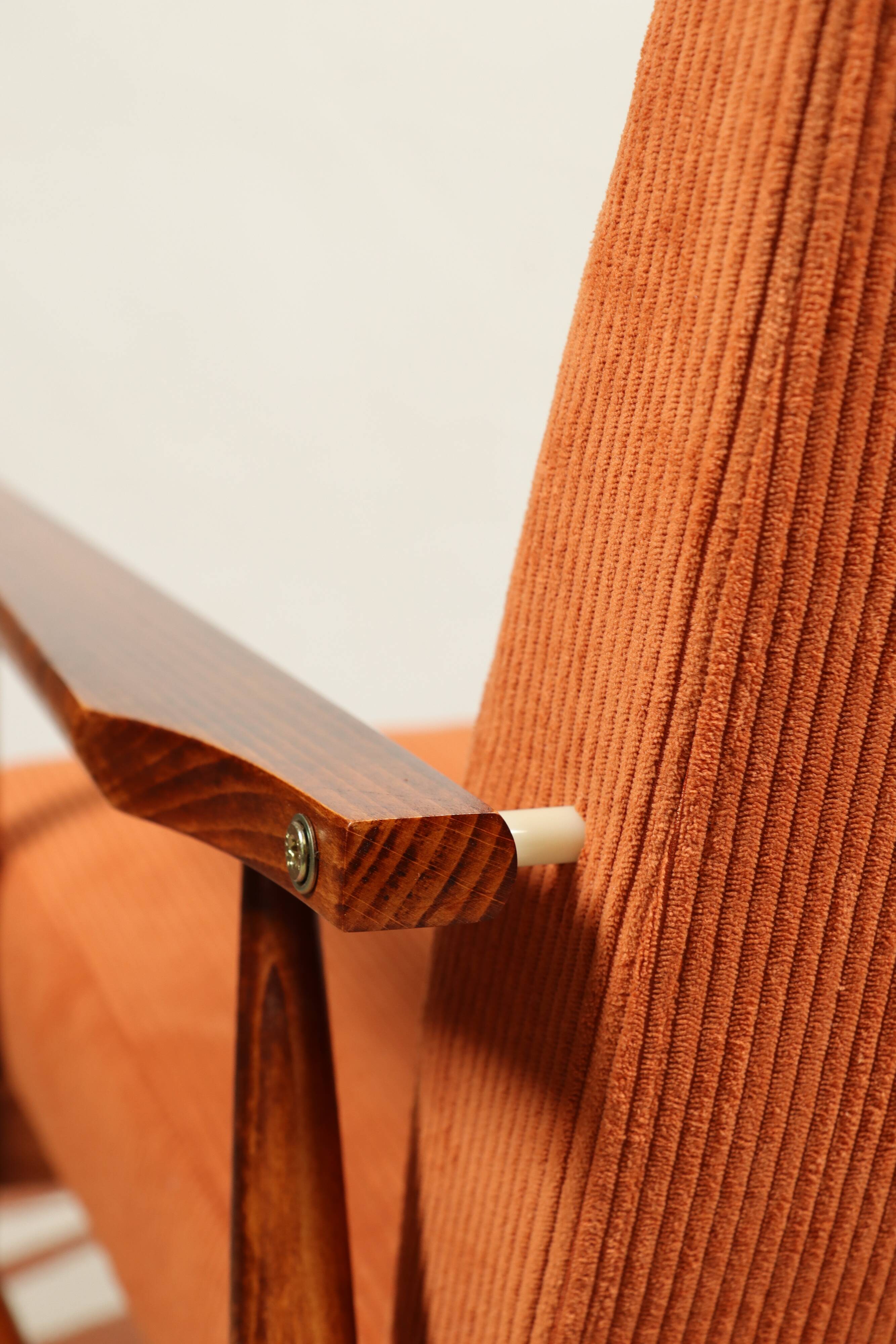 Vintage armchair orange burt corduroy upholstery , Henryk Lis, 1960, Poland