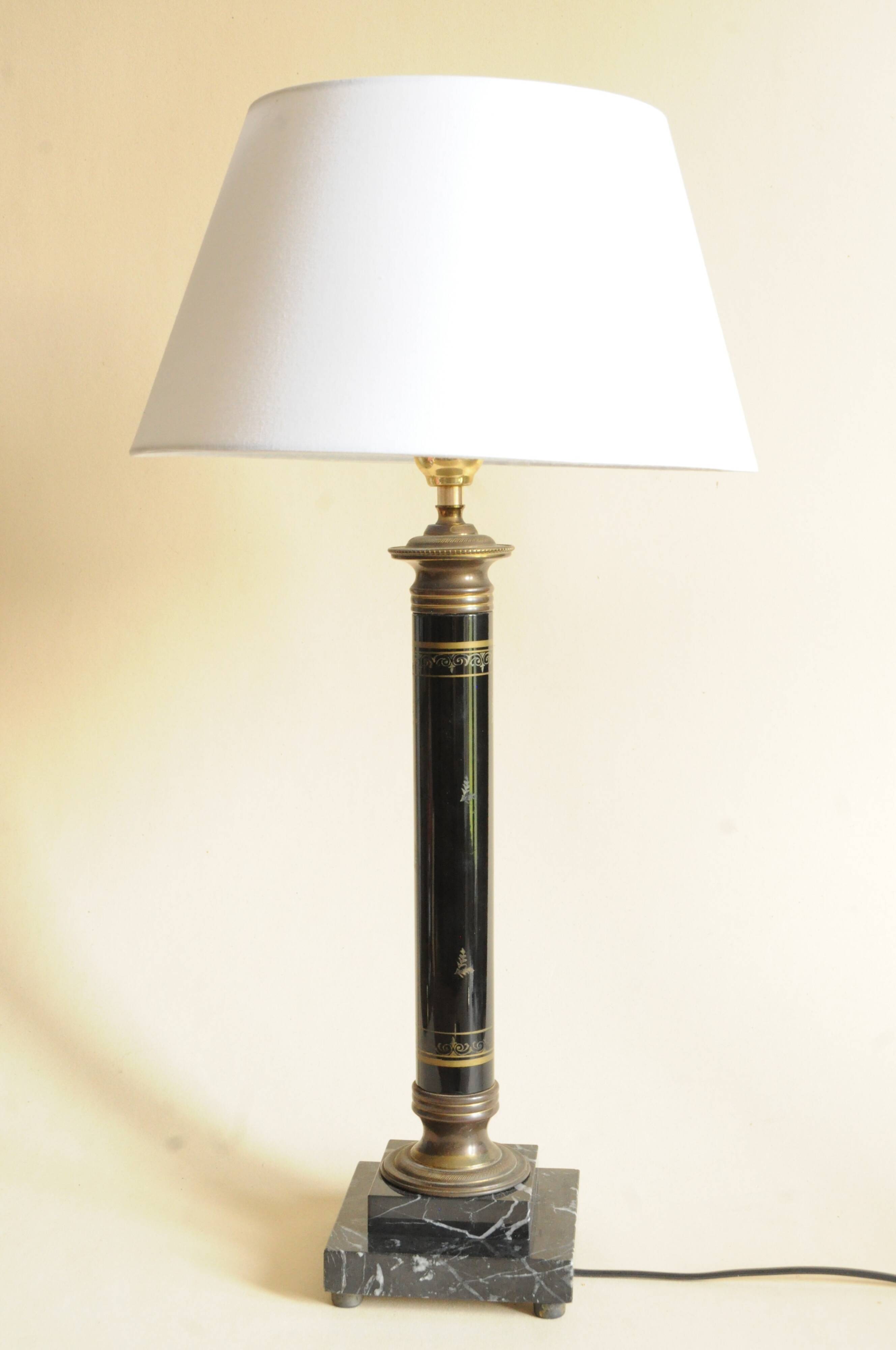 Vintage Lamp - Metal, Marble and Brass Column - Empire Style - Black and Gold