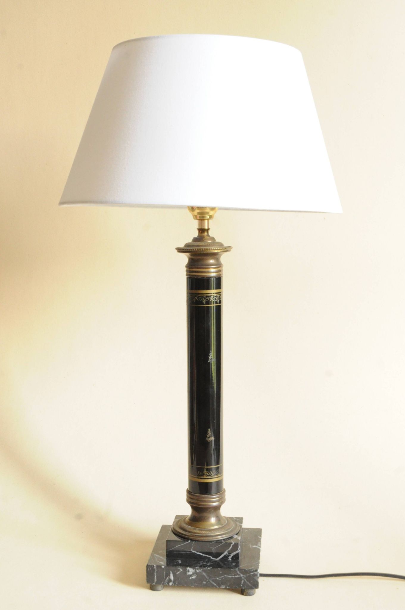 Vintage Lamp - Metal, Marble and Brass Column - Empire Style - Black and Gold