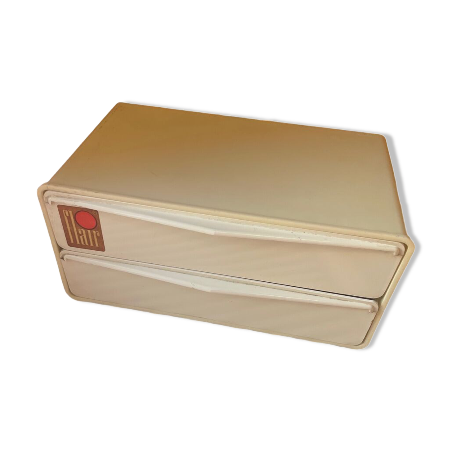 Bakelite white plastic vintage wall storage box with Flair origin label