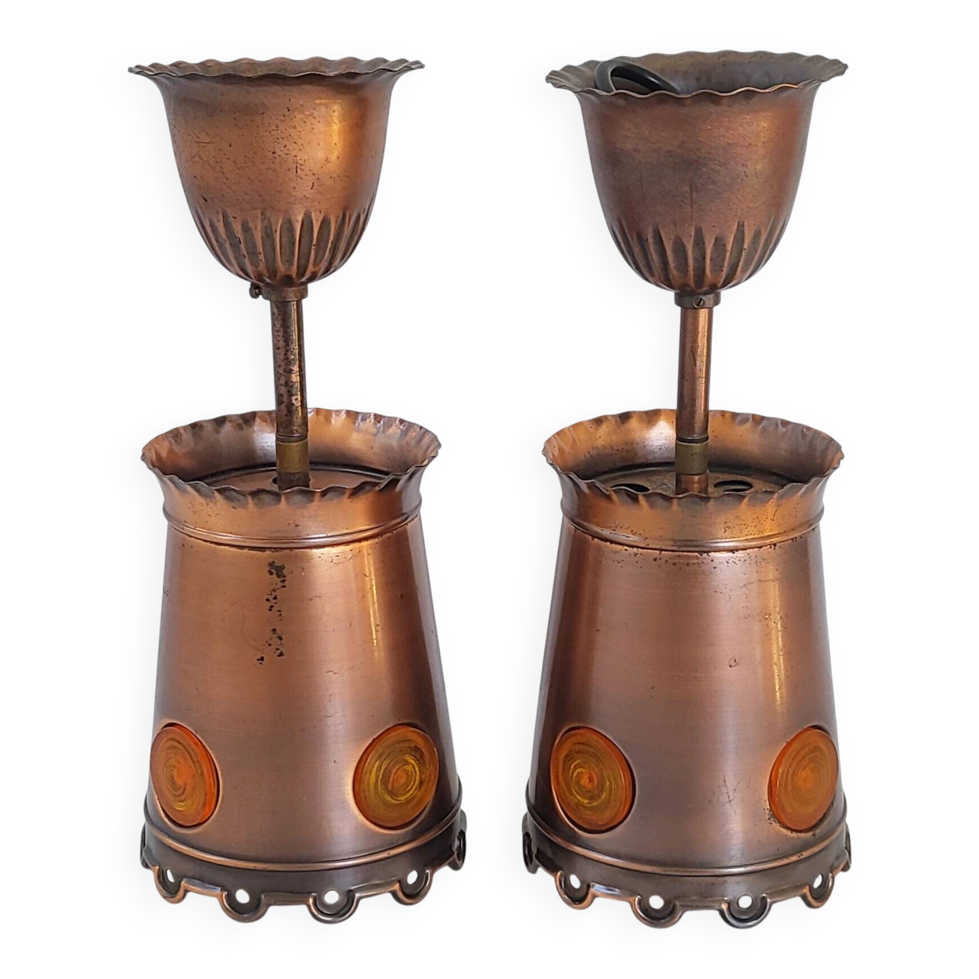 Pair of vintage 1970s brutalist suspensions in copper & orange plastic