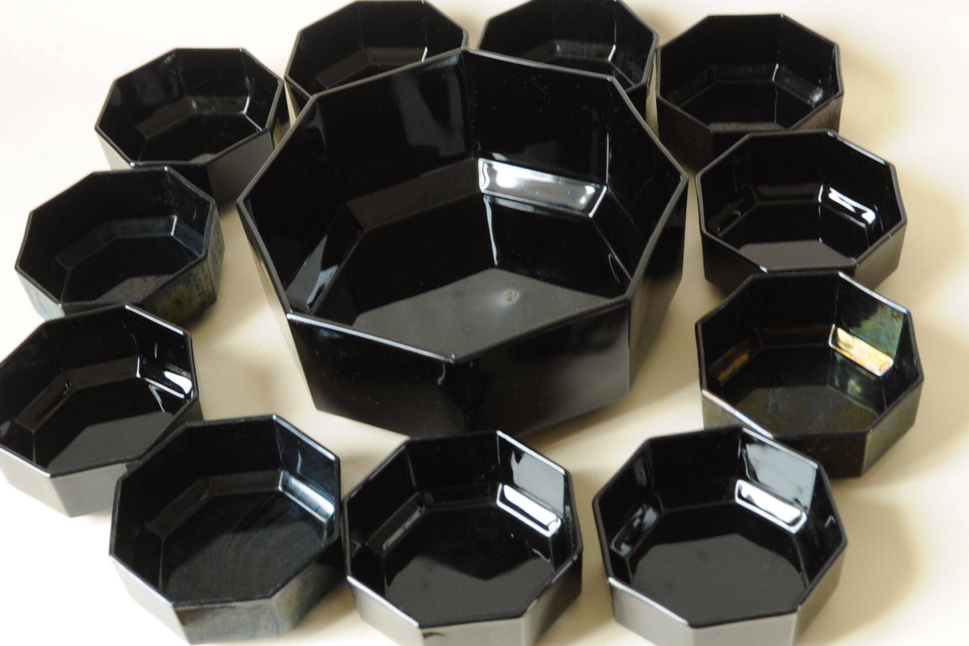 Dessert Set - Vintage Salad Bowl and Ramekins - Arcoroc Black Glass