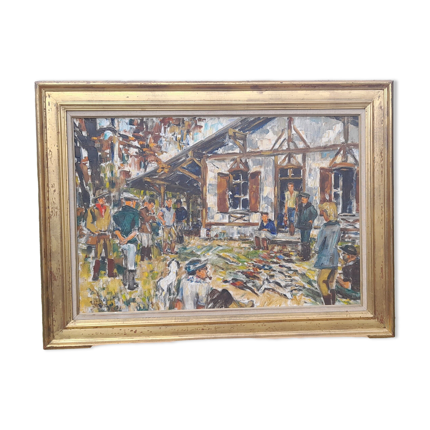 Oil on canvas framed hunting return Michel Gilbert 50 X 73 cm