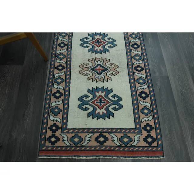 1970s Vintage Turkish Handmade Wool & Cotton Beige Runner Rug 84x402
