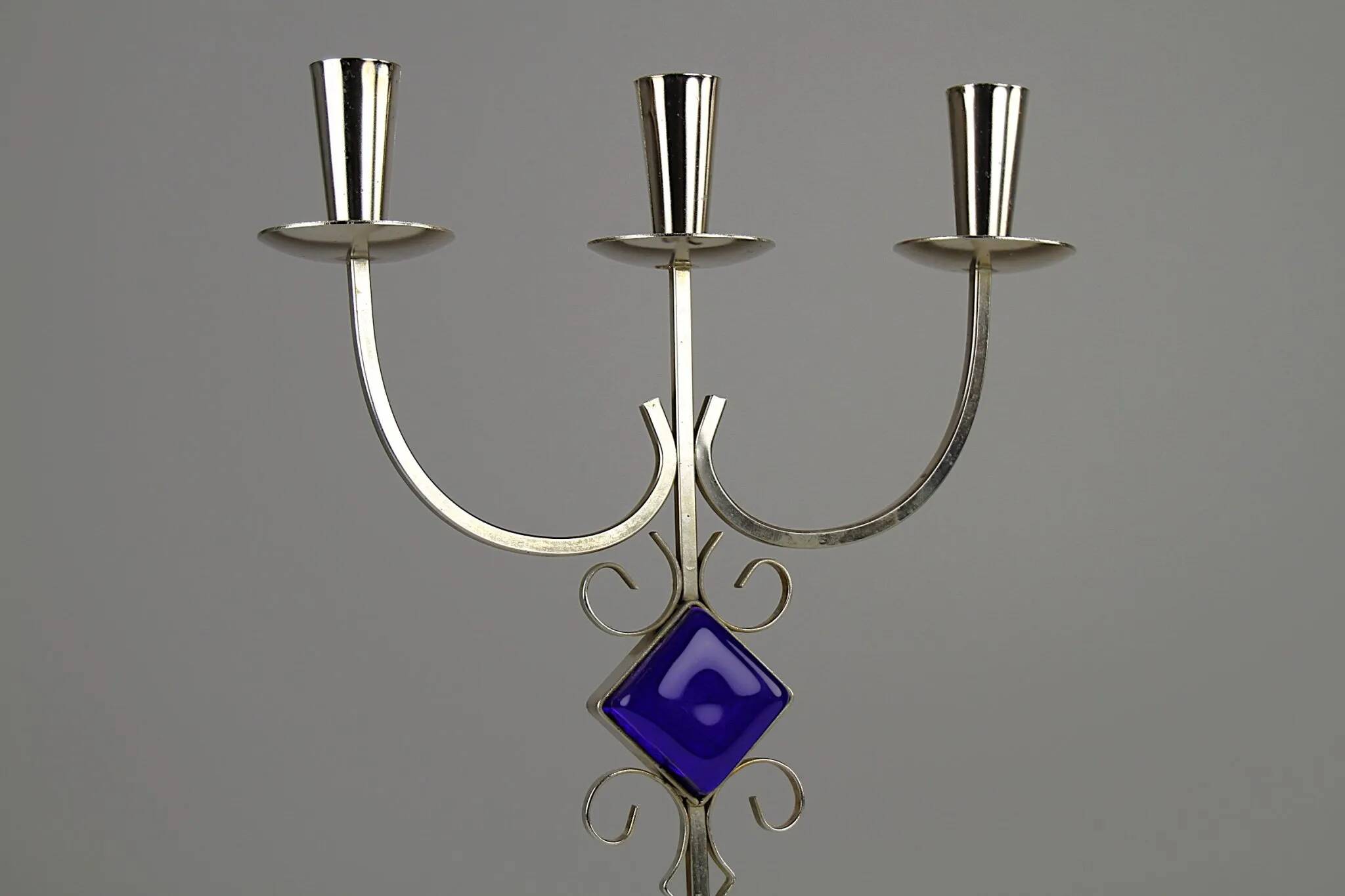 White Brass & Cobalt Blue Art Glass Candelabra by Gunnar Ander for Ystad-Metall — Sweden, 1960s