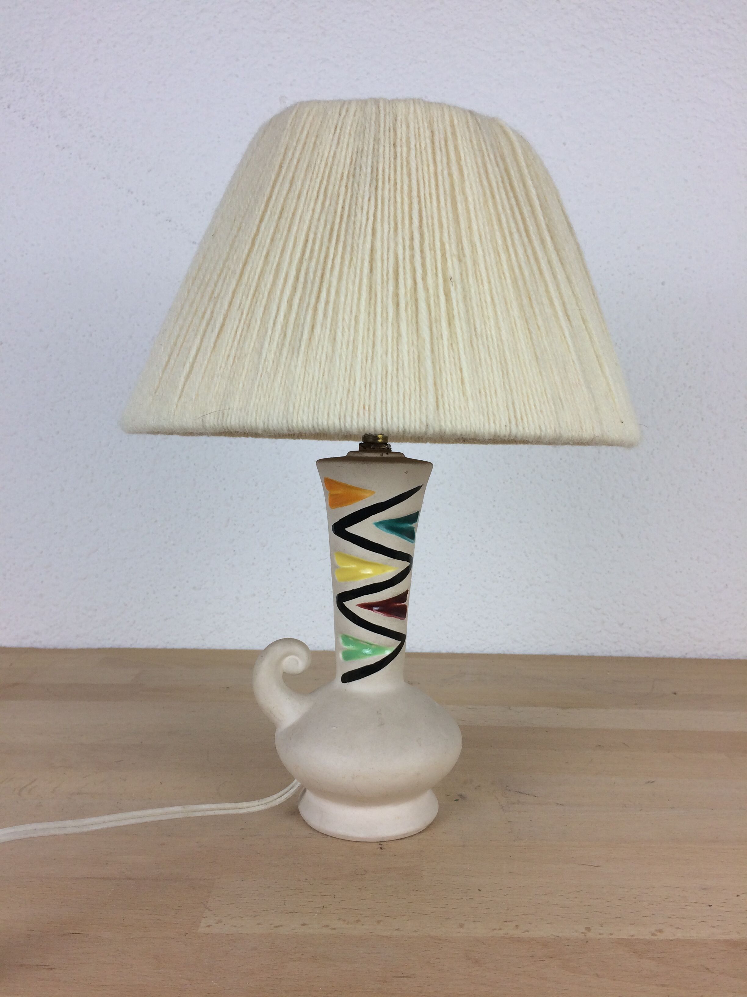 Ceramic lamp 60s and lampshade white wool