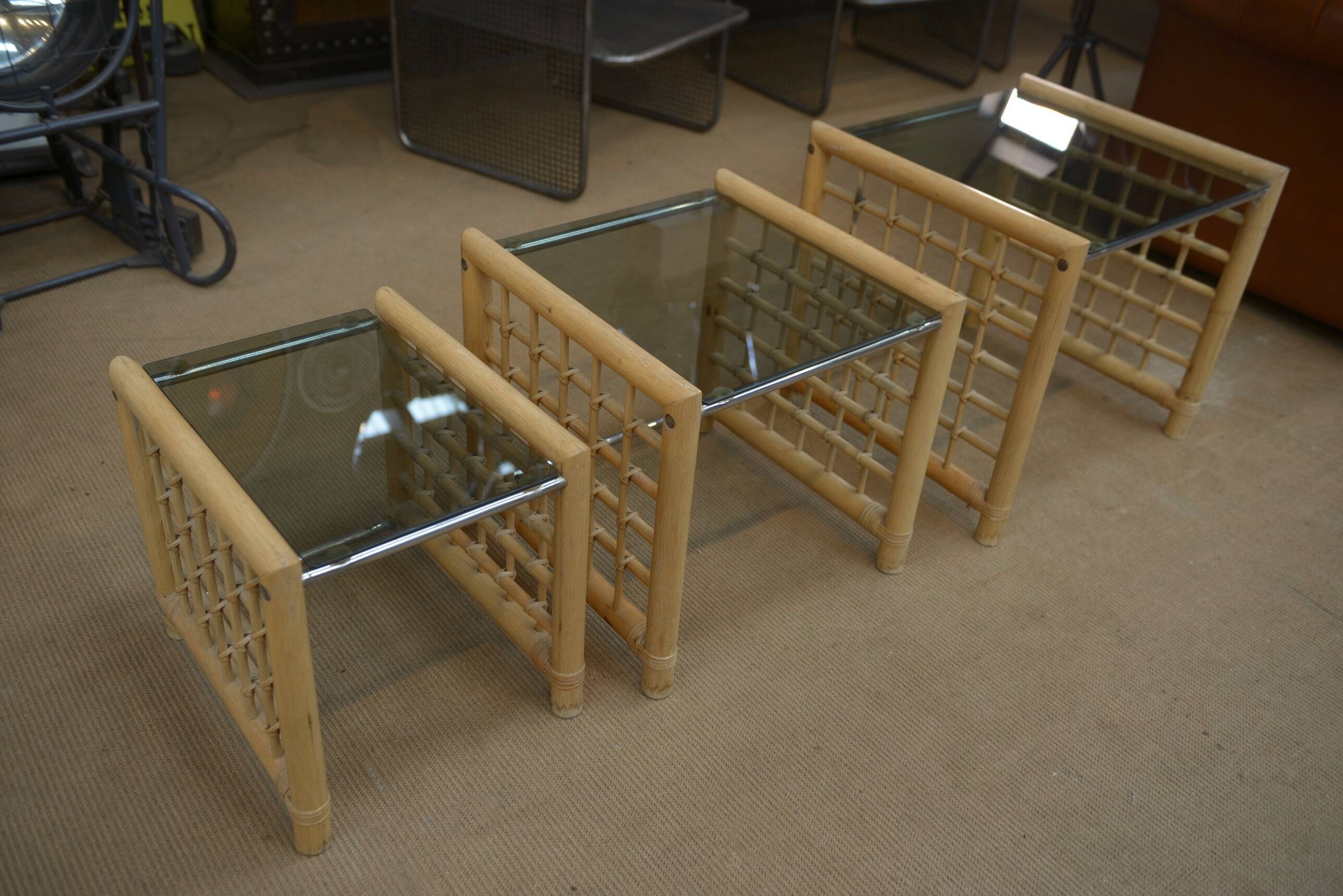 Set of 3 bamboo nesting tables 1960
