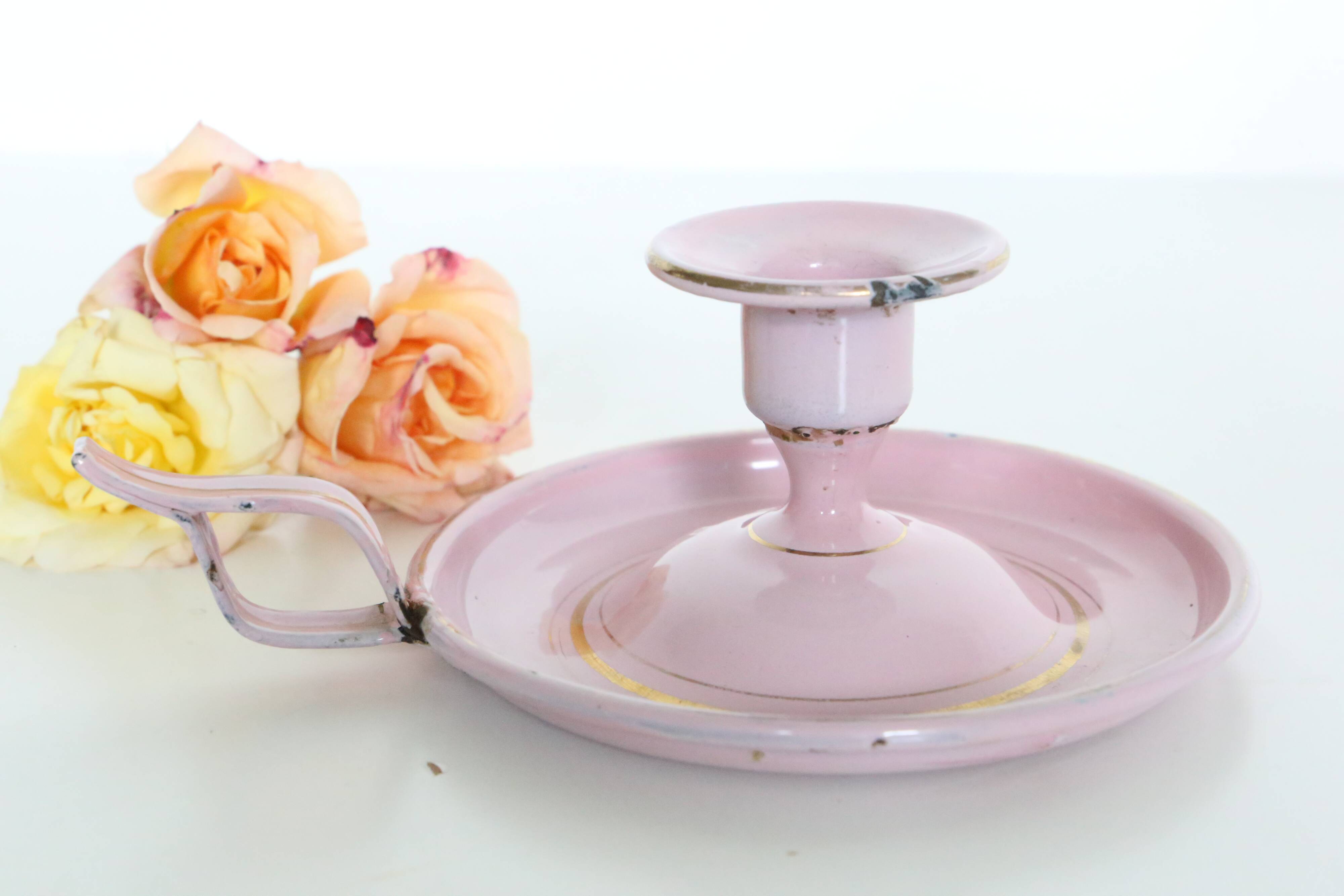 Pink cellar rat candleholder, enamelled metal, vintage