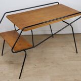 Vintage side coffee table in black lacquered metal and oak, 1950
