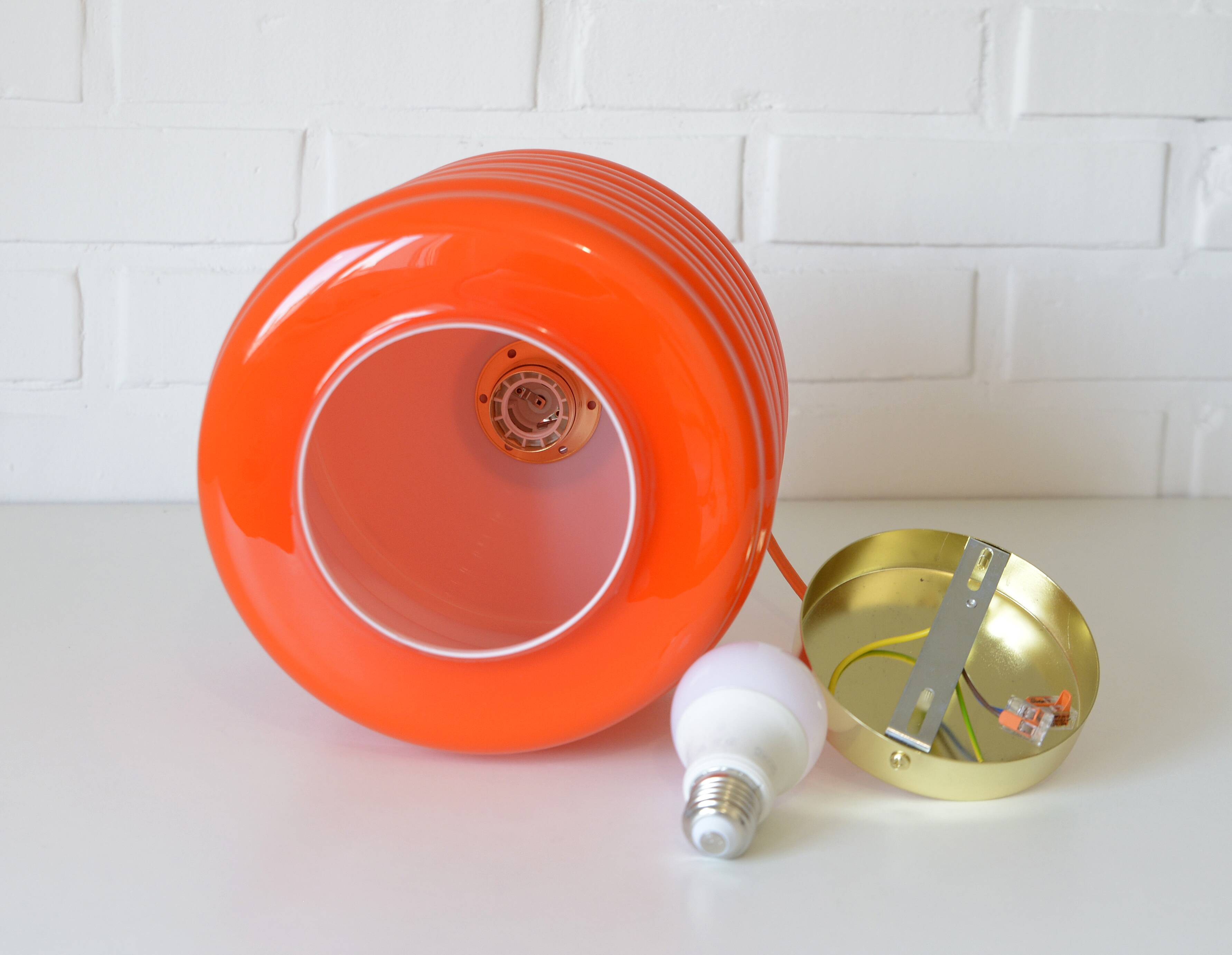 Vintage Pendant Light Hanging Retro Lamp Space Age Style MCM Orange Glass