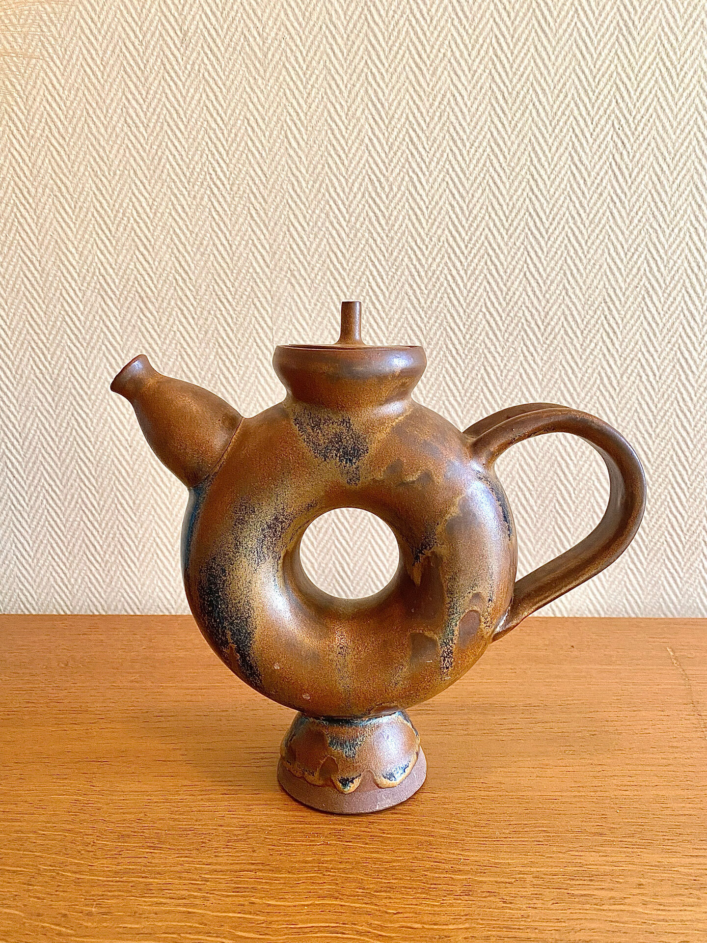 Glazed stoneware sculptural teapot signed