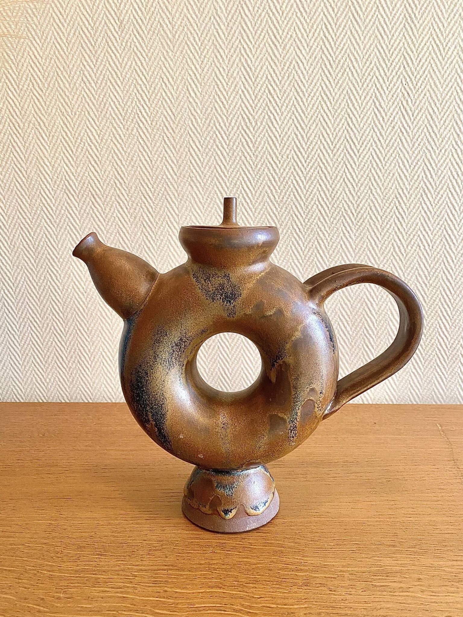 Glazed stoneware sculptural teapot signed