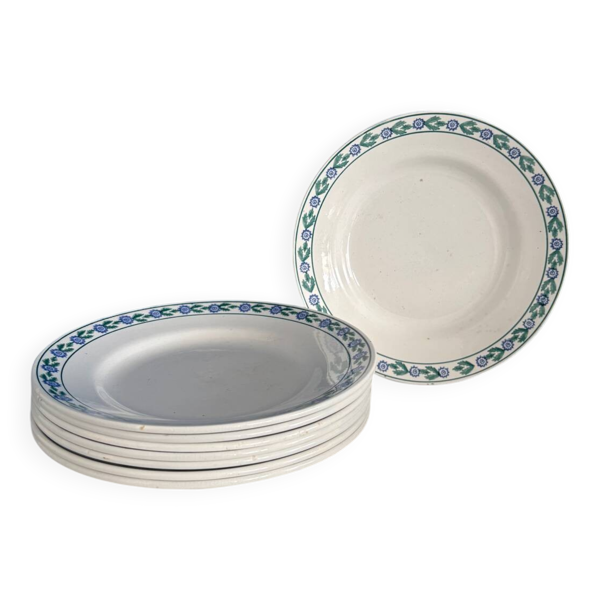 Lot de 8 assiettes plates vintage - Faïence St Amand, motif floral bleu et