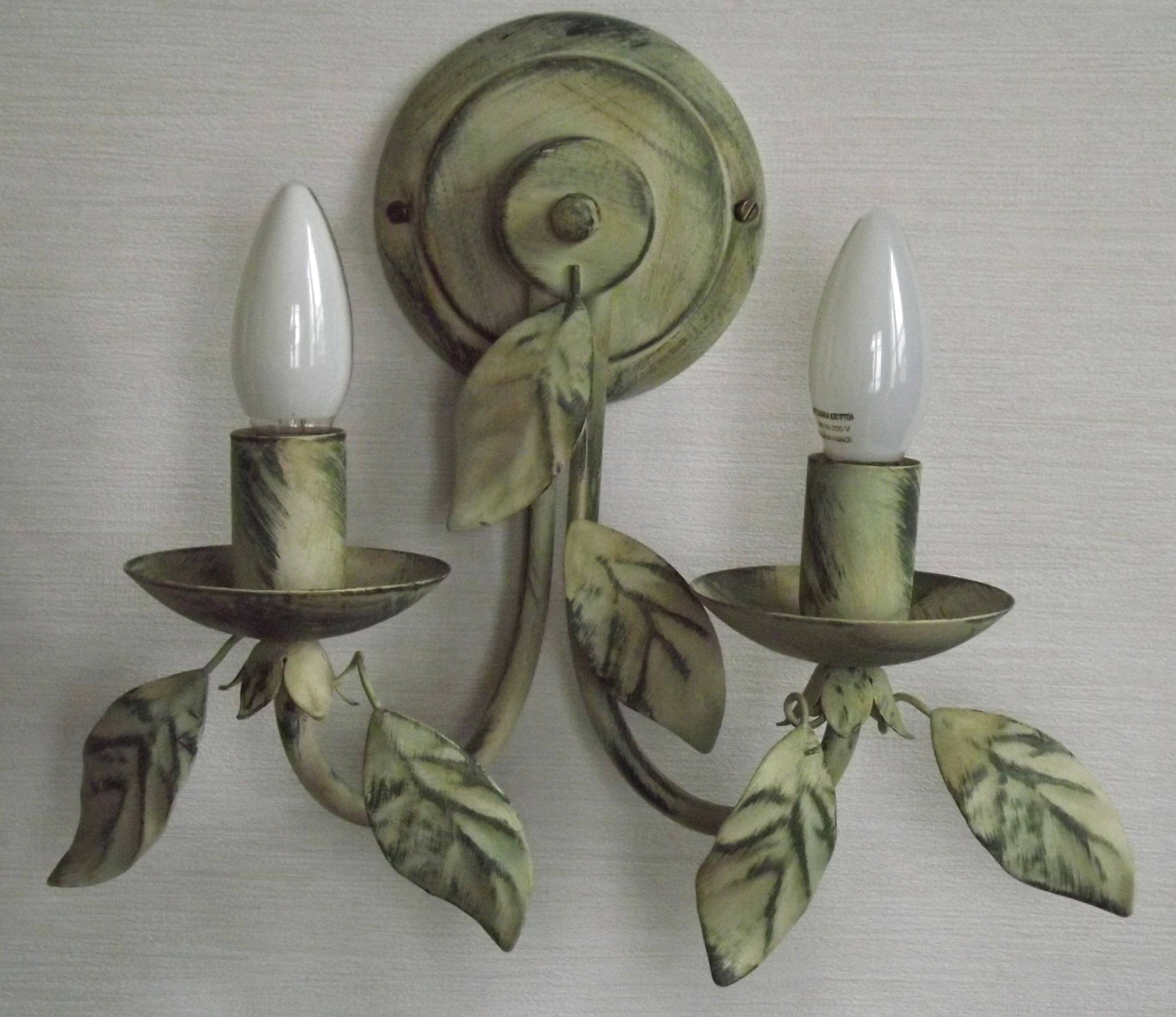Pair of Vintage Italian Double Wall Lights Leaf Detail Green & Gold Finish
