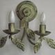 Pair of Vintage Italian Double Wall Lights Leaf Detail Green & Gold Finish