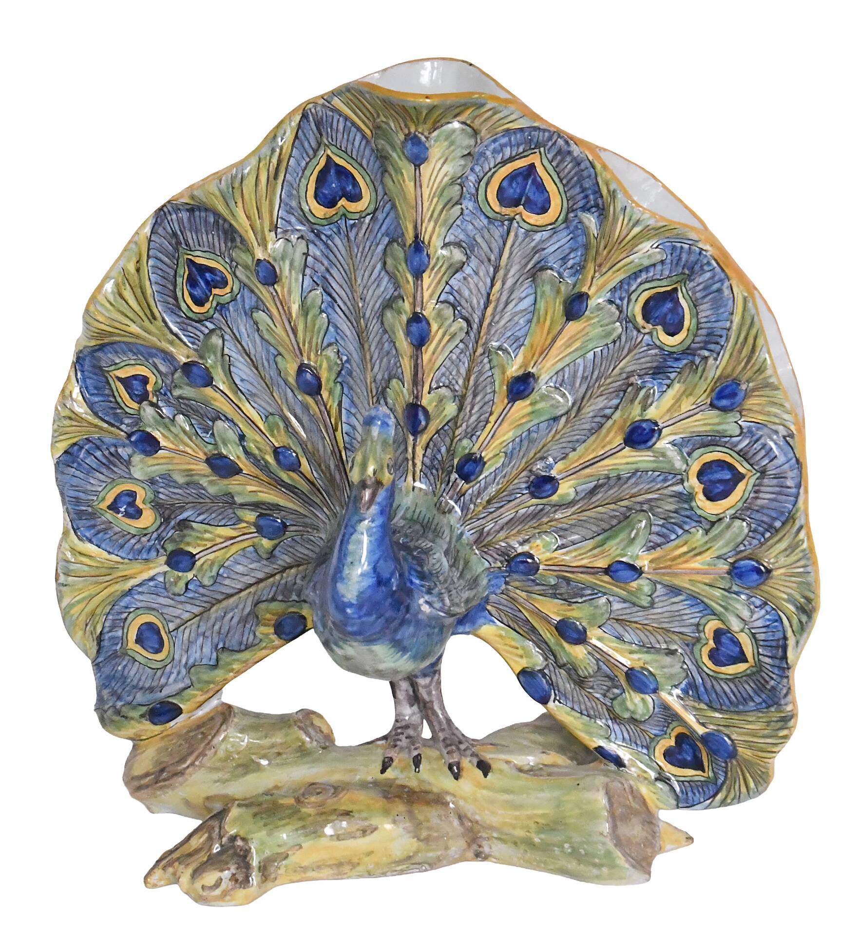 Faience bouquet holder from Desvres in the shape of a peacock.