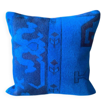 Electric Blue Vintage Turkish Rug Pillow, Hand-Stitched Wool Cushion