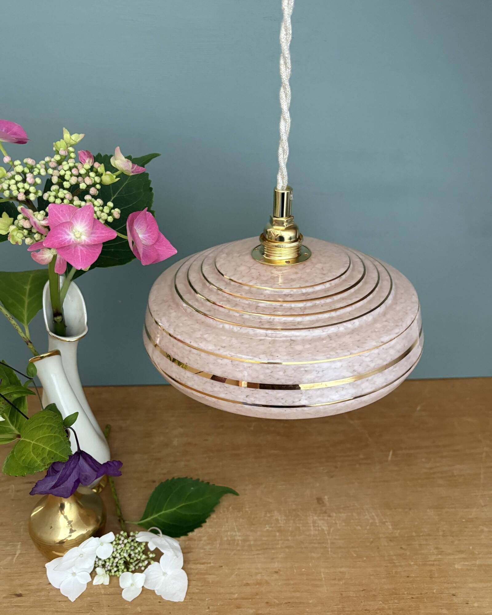Vintage pendant lampshade in pink Clichy glass with gold trim