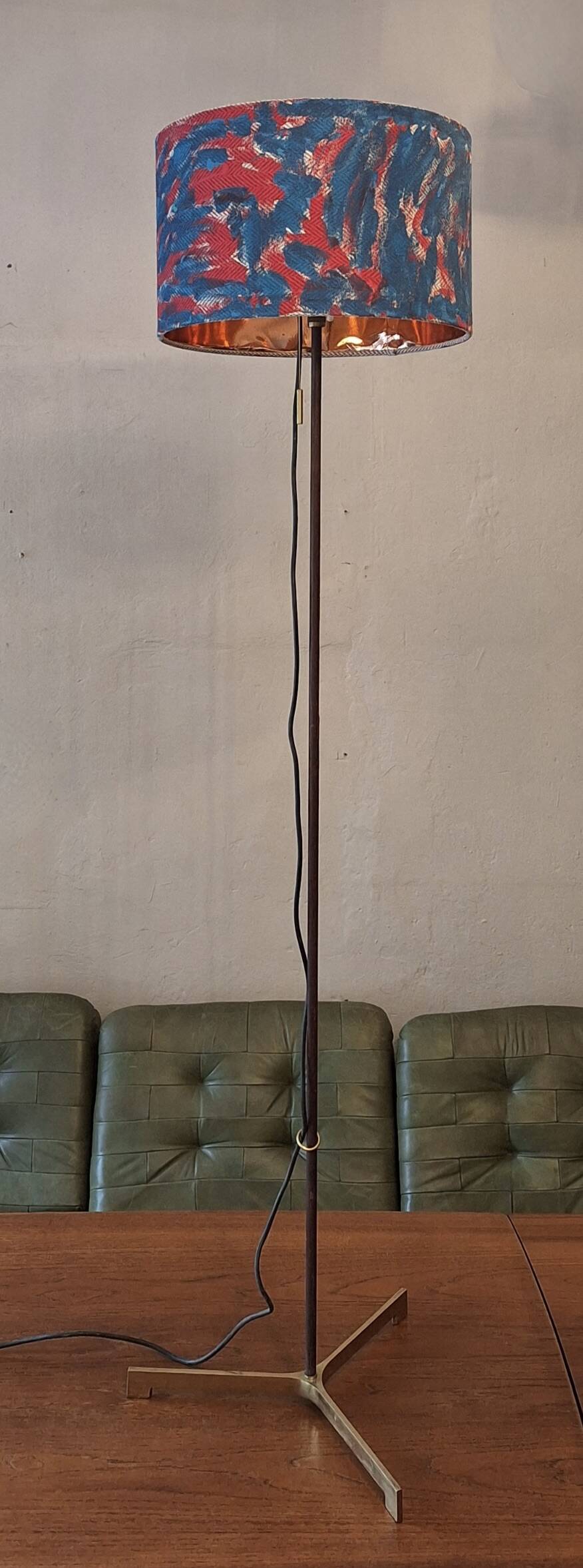 Danish adjustable teak floor lamp with tripod brass foot, 1960s