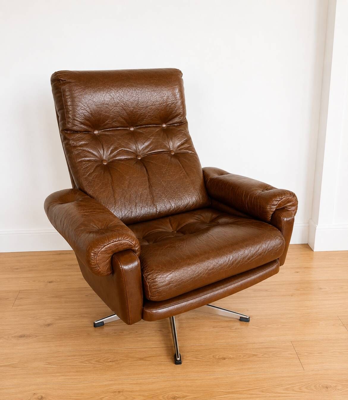 Vintage Danish mid-century brown leather swivel chair 1970s