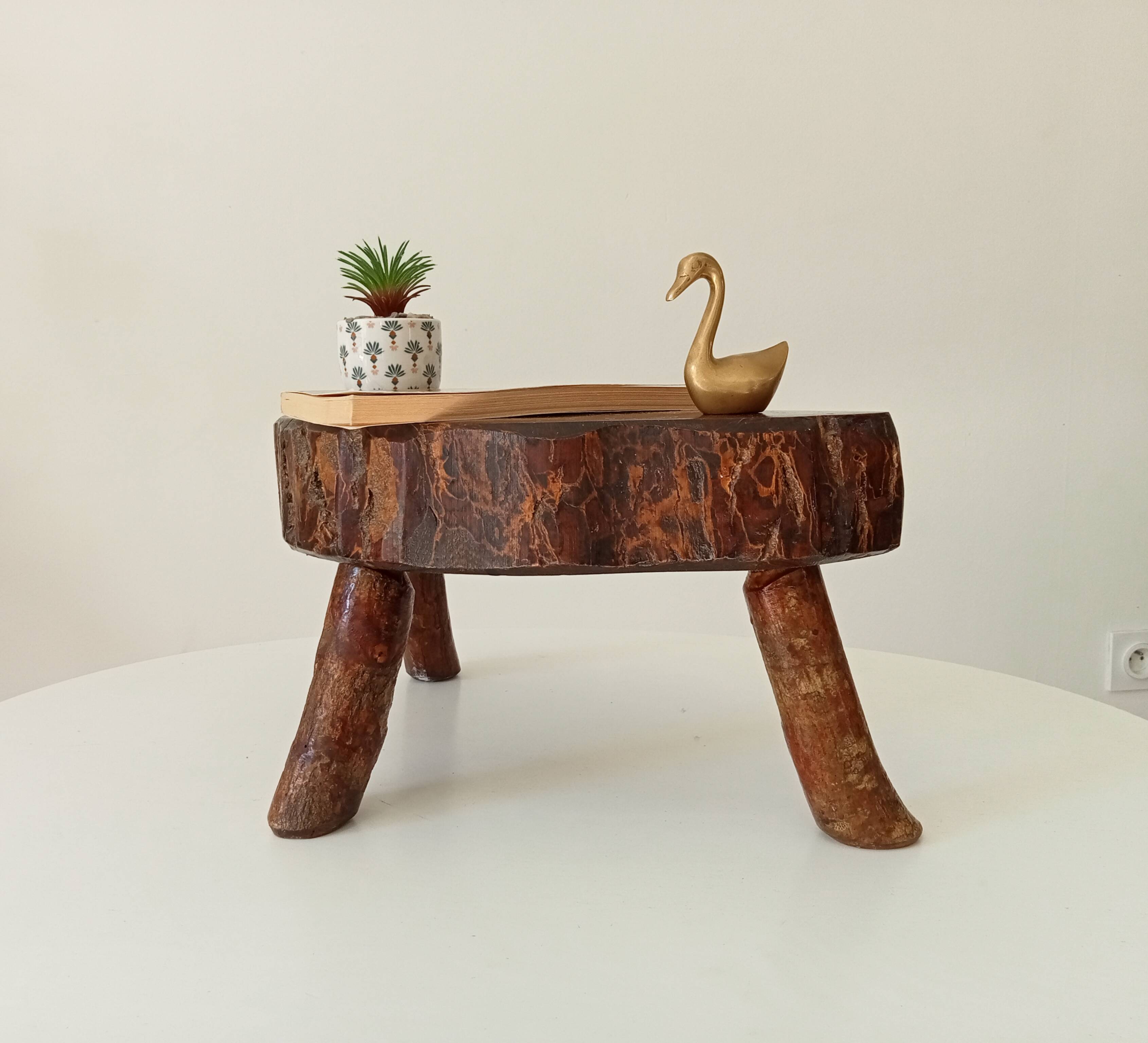 Vintage brutalist tripod stool in solid olive wood