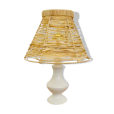 Lampe à poser porcelaine blanche et abat-jour raphia vintage