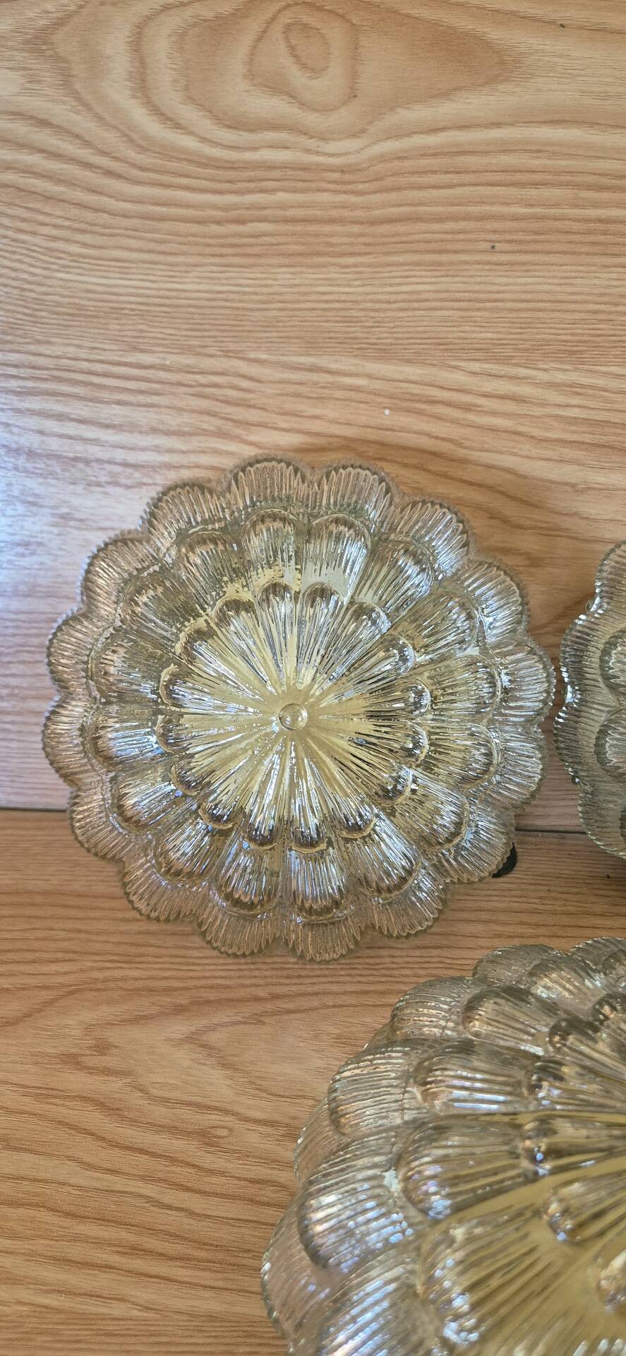 Set of 3 vintage amber moulded glass wall lights and ceiling lights.