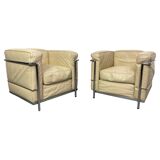 Fauteuils clubs en cuir blanc LC2 par Le Corbusier pour Cassina