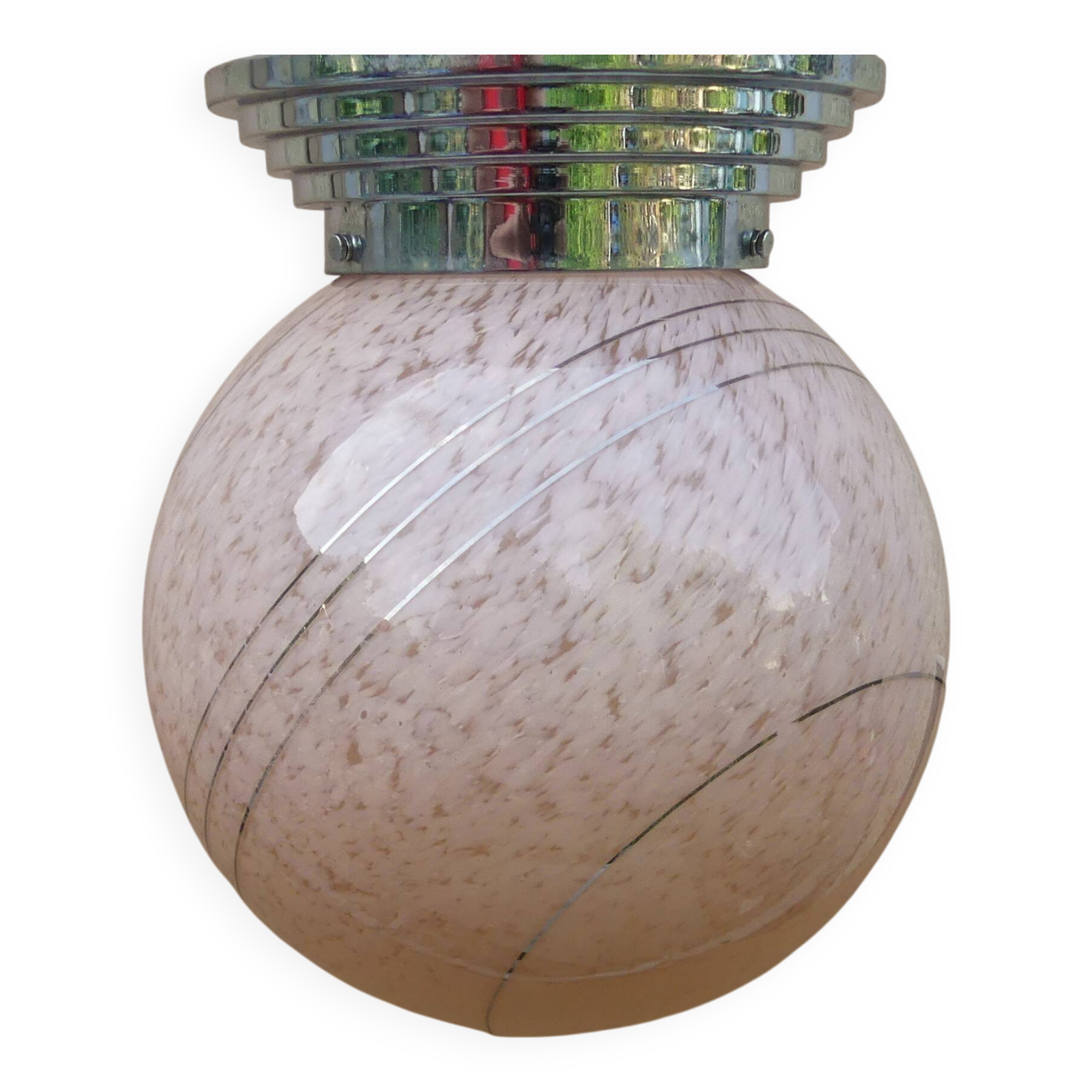 Old clichy glass ball ceiling light imposing pink & silver art deco lighting